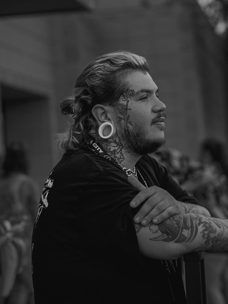 Profile portrait outside the convention, black and white